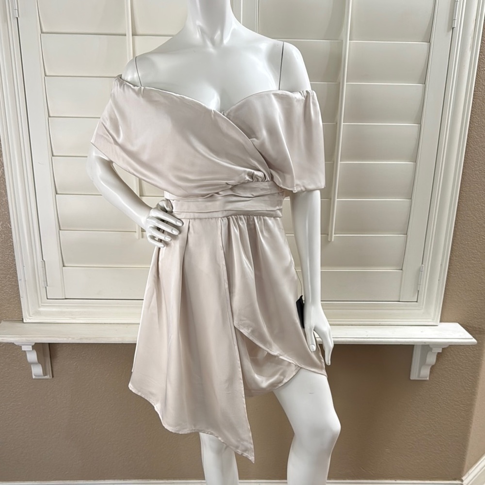 Lulus Always Celebrating Ivory Satin Off-the-Shoulder Mini Dress
